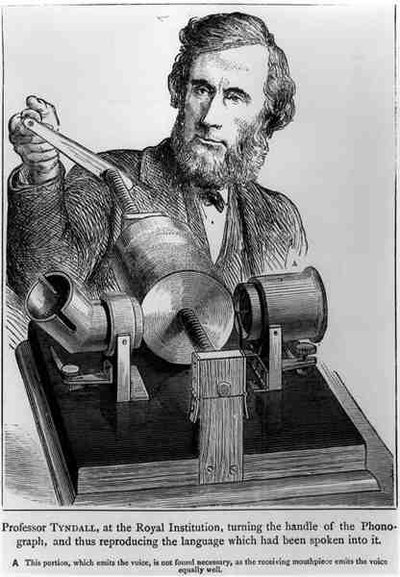 Professor John Tyndall at the Royal Institution, Turning the Handle of the Phonograph by English School